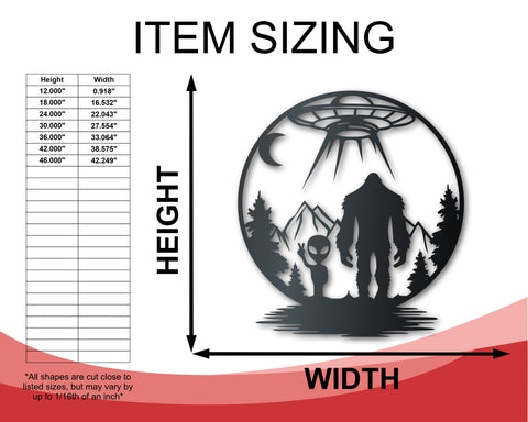 Bigfoot and Alien Metal Wall Art | Indoor Outdoor | Up to 46" | Over 20 Color Options