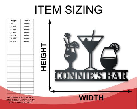 Custom Metal Cocktail Bar Wall Art | Indoor Outdoor | Up to 46" | Over 20 Color Options