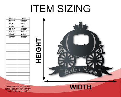 Custom Metal Fairytale Carriage Wall Art | Girls Princess Sign | Indoor Outdoor | Up to 46" | Over 20 Color Options