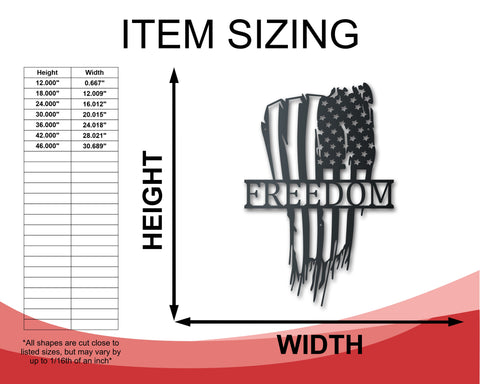 Custom Metal Tattered American Flag Sign | Patriotic Wall Art | Indoor Outdoor | Up to 46" | Over 20 Color Options