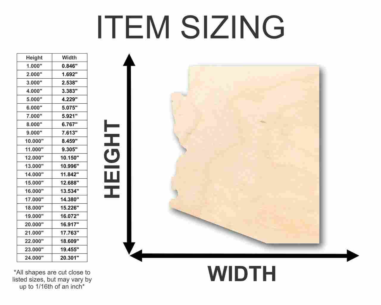 Unfinished Wooden Arizona Shape - State - Craft - up to 24" DIY-24 Hour Crafts