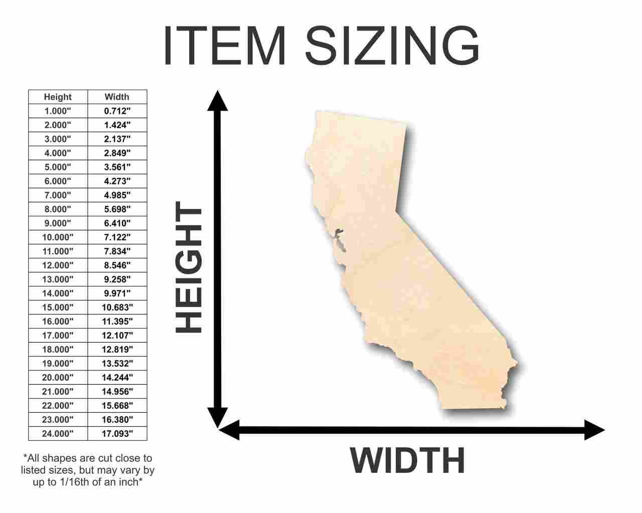 Unfinished Wooden California Shape - State - Craft - up to 24" DIY-24 Hour Crafts