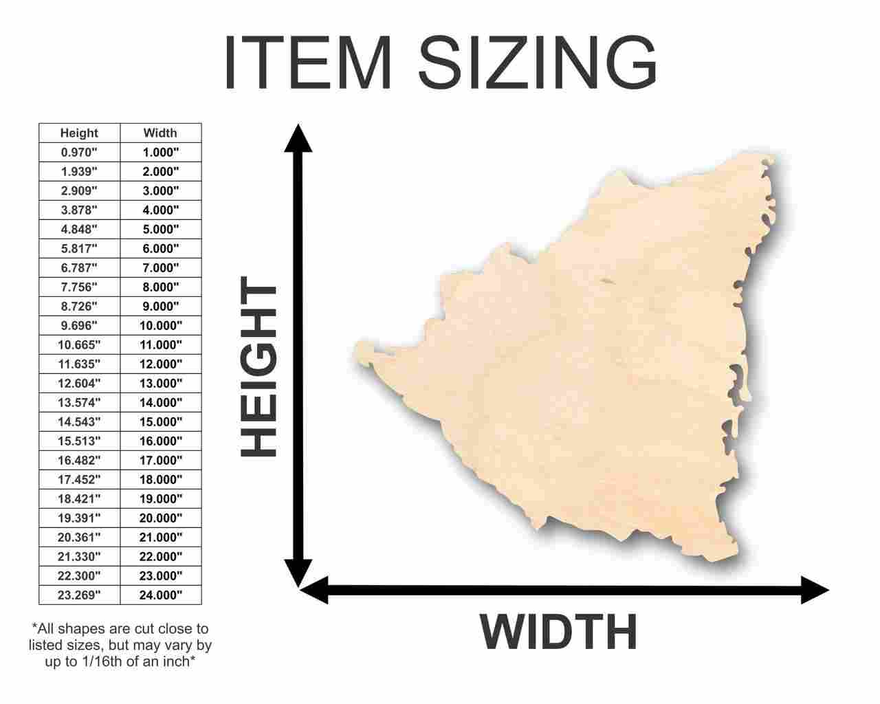 Unfinished Wooden Nicaragua Shape - Country - Craft - up to 24" DIY-24 Hour Crafts