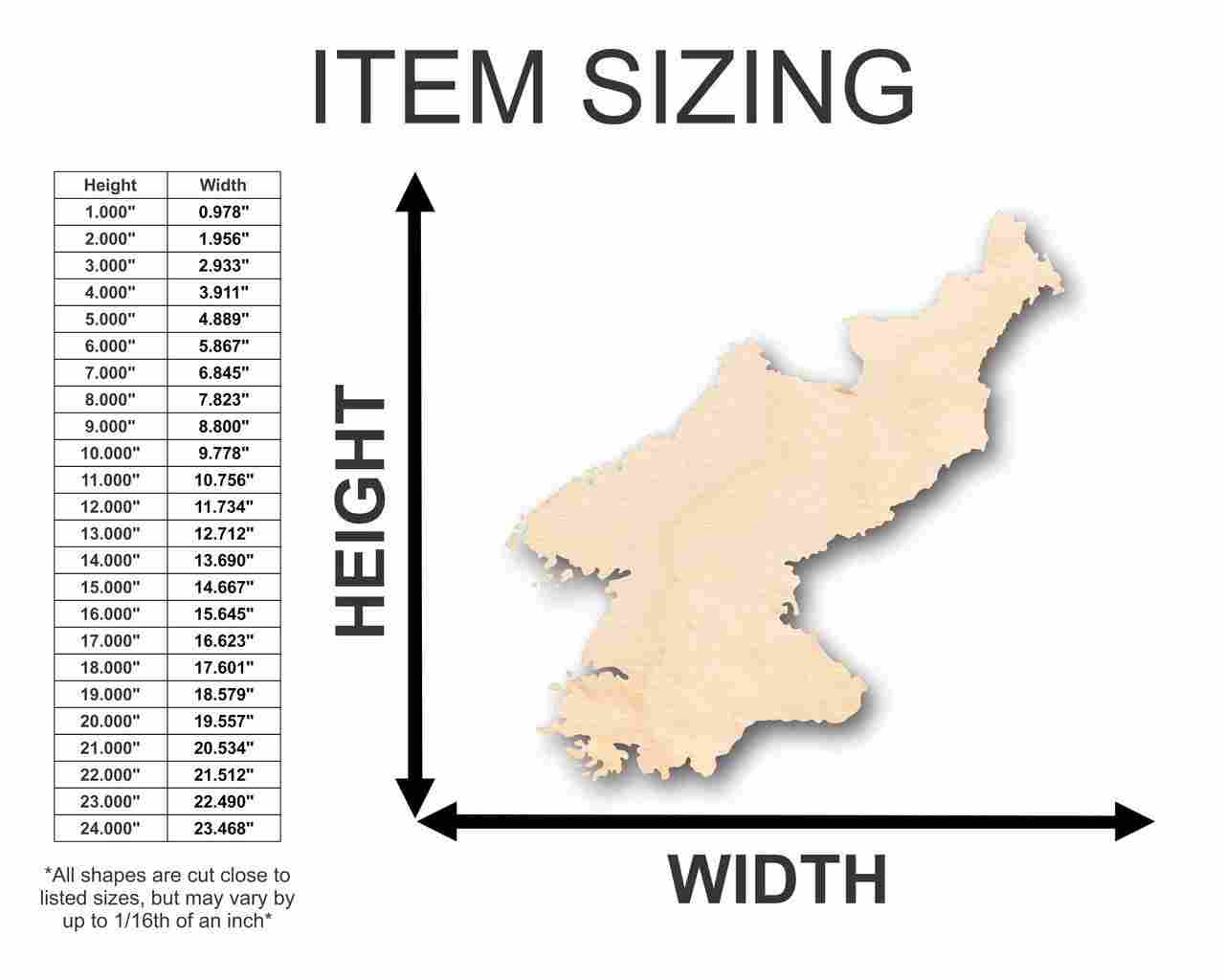 Unfinished Wooden North Korea Shape - Country - Craft - up to 24" DIY-24 Hour Crafts