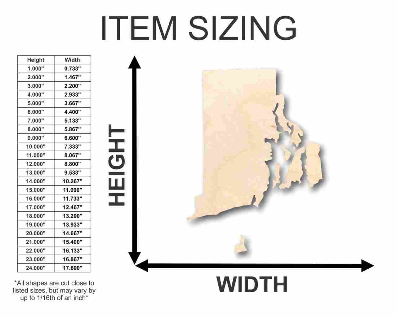 Unfinished Wooden Rhode Island Shape - State - Craft - up to 24" DIY-24 Hour Crafts