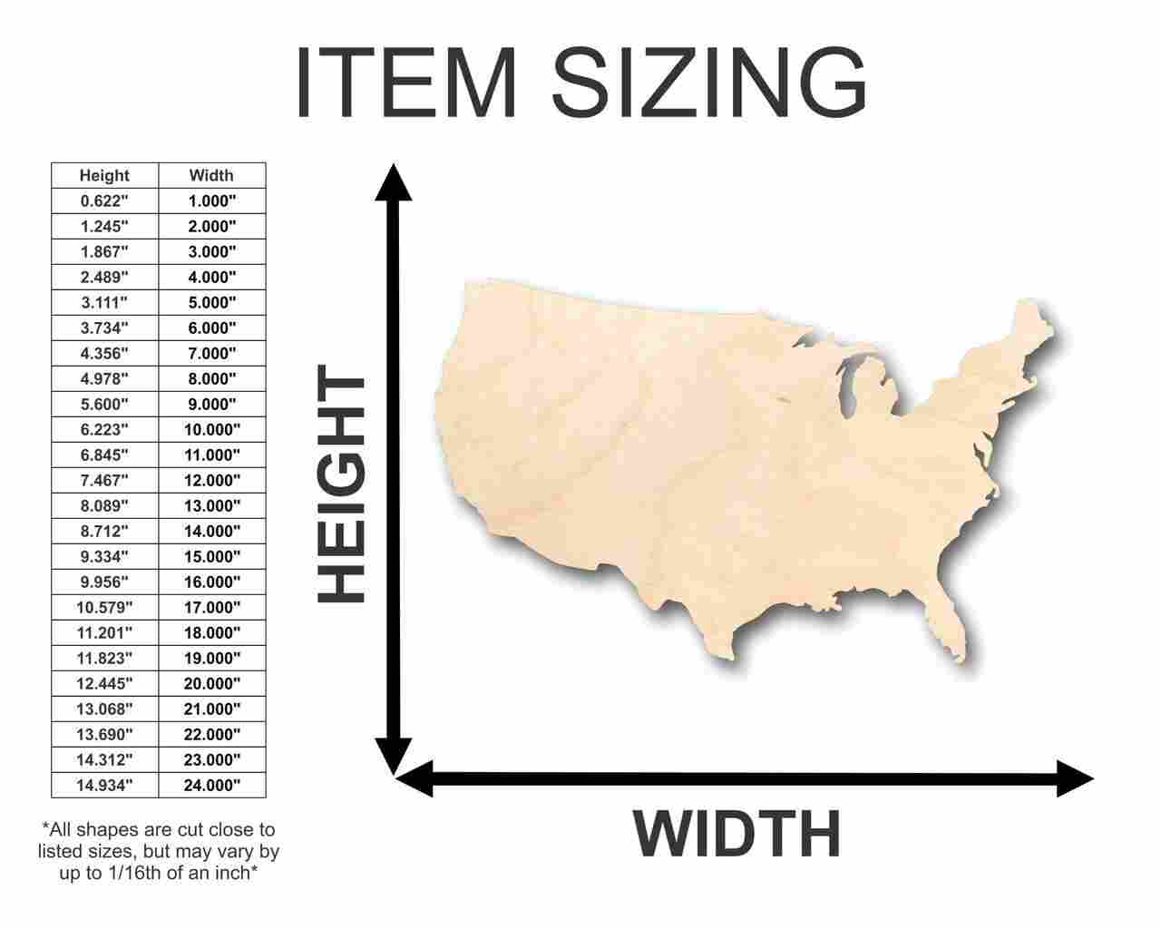 Unfinished Wooden Continental United States Shape - USA - Country - Craft - up to 24" DIY-24 Hour Crafts