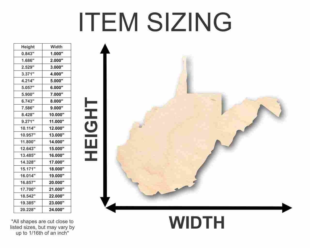 Unfinished Wooden West Virginia Shape - State - Craft - up to 24" DIY-24 Hour Crafts
