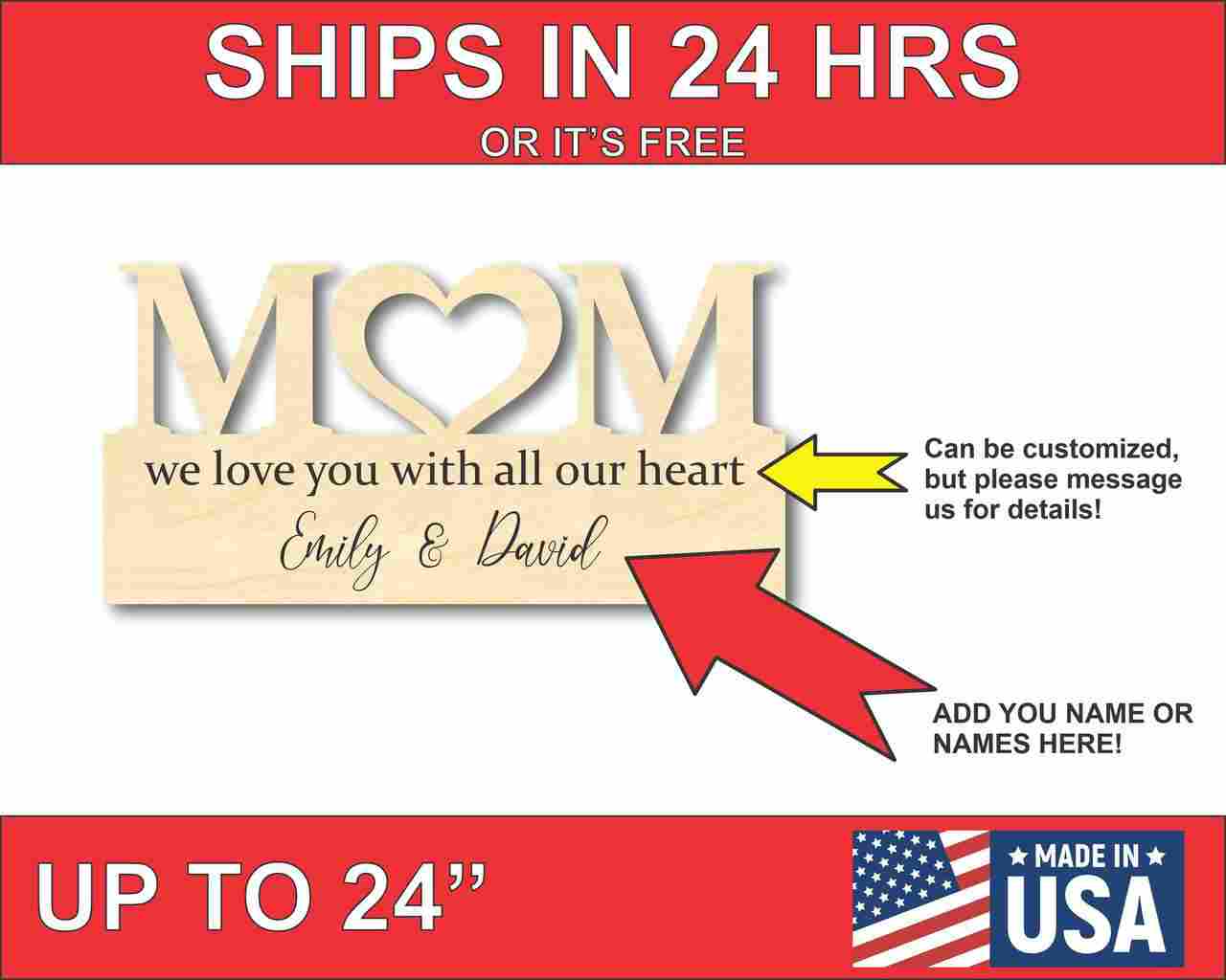 Wooden Love Mother's Day Gift Customizable Cutout Finished or Unfinished up to 48" Wide - Home Decor DIY-24 Hour Crafts
