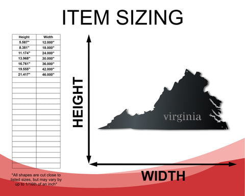 Metal Virginia Wall Art - Custom Metal US State Sign - 14 Color Options