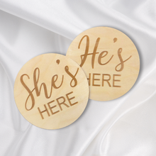 Load image into Gallery viewer, He&#39;s Here Engraved Round | Engraved Wood Cutouts | 1/4&quot; Thick |
