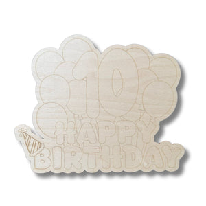 Unfinished Wood Etched 10th Birthday Balloons Shape | Paint By Line Crafts | up to 30" DIY