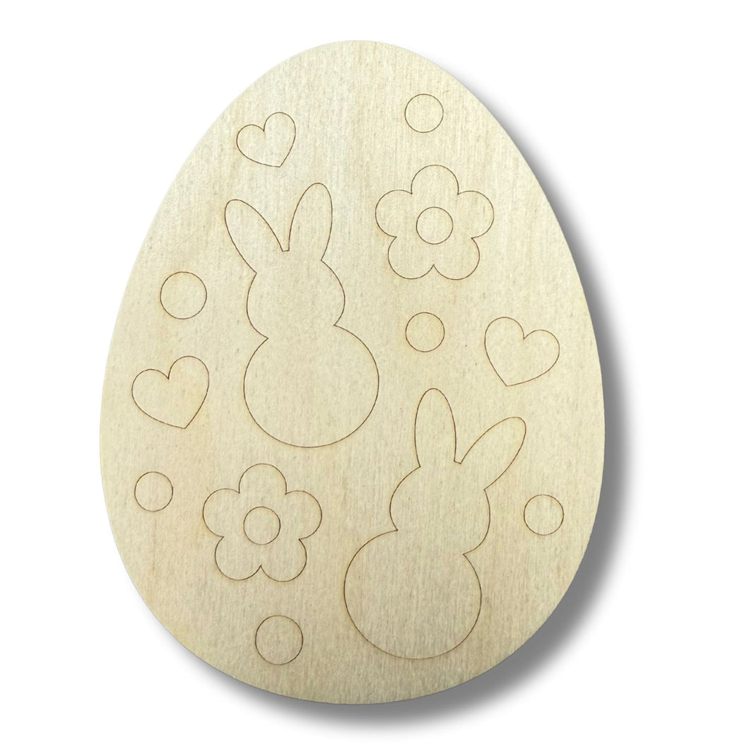 Unfinished Wood Etched Flower And Bunny Pattern Egg Shape | Paint By Line Crafts | up to 30