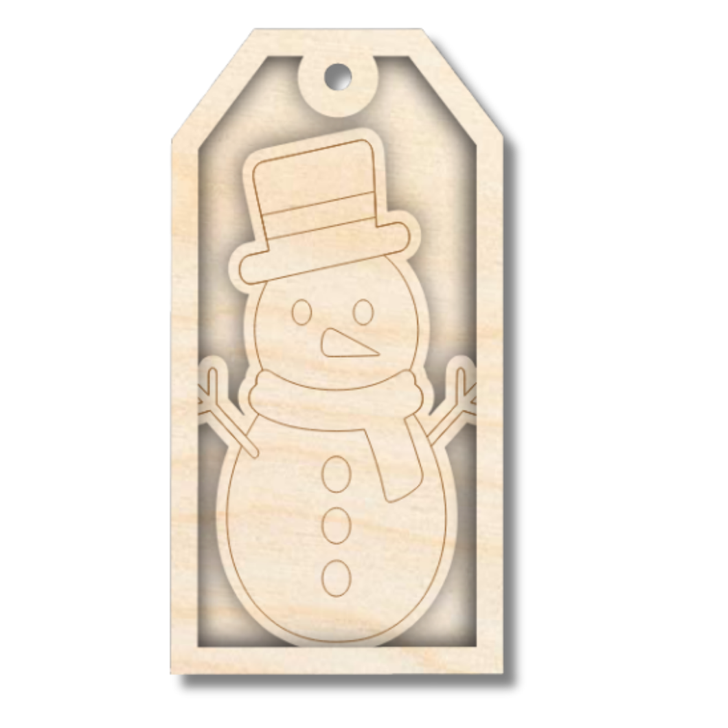 Unfinished Wood Etched Snowman Gift Tag | 3 Piece | Layered Gift Tags | up to 6