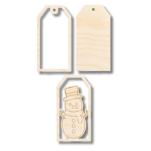 Load image into Gallery viewer, Unfinished Wood Etched Snowman Gift Tag | 3 Piece | Layered Gift Tags | up to 6&quot; DIY
