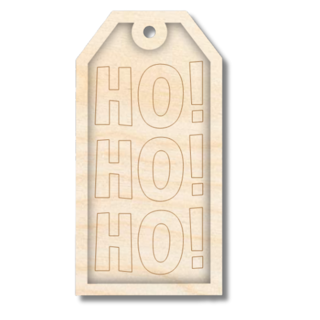 Unfinished Wood Etched HO HO HO Gift Tag | 2 Piece | Layered Gift Tags | up to 6