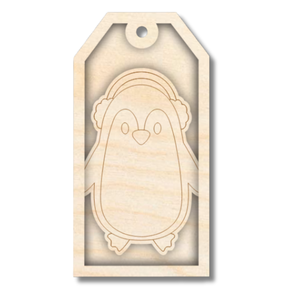 Unfinished Wood Etched Penguin with Earmuffs Gift Tag | 3 Piece | Layered Gift Tags | up to 6" DIY