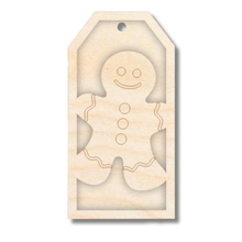 Load image into Gallery viewer, Unfinished Wood Etched Gingerbread Man Gift Tag | 3 Piece | Layered Gift Tags | up to 6&quot; DIY
