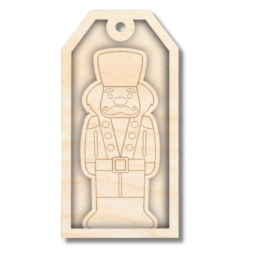 Unfinished Wood Etched Nutcracker Gift Tag | 3 Piece | Layered Gift Tags | up to 6