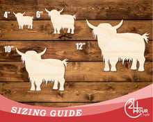 Load image into Gallery viewer, Unfinished Wood Highland Cow Shape | DIY Craft Cutout | up to 46&quot; DIY
