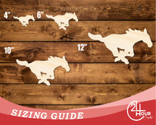 Load image into Gallery viewer, Unfinished Wood Mustang Mascot Shape | DIY Craft Cutout | up to 46&quot; DIY
