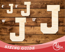 Load image into Gallery viewer, Unfinished Wood Varsity Team Font - J Shape | DIY Craft Cutout | up to 46&quot; DIY
