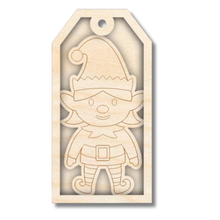 Load image into Gallery viewer, Unfinished Wood Etched Girl Elf Gift Tag | 3 Piece | Layered Gift Tags | up to 6&quot; DIY
