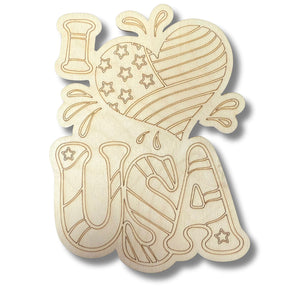 Unfinished Wood Etched I Heart USA Shape | Paint By Line Crafts | up to 30" DIY