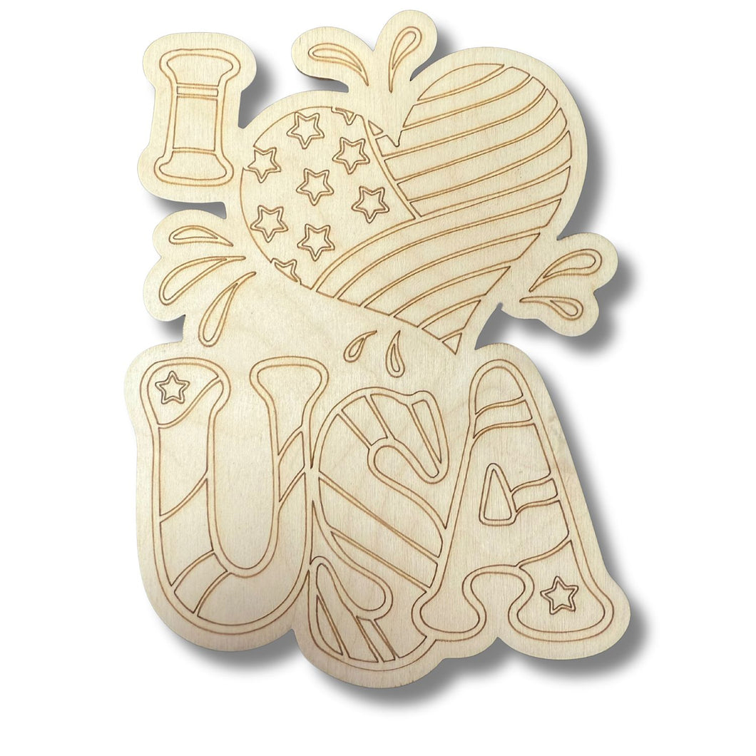 Unfinished Wood Etched I Heart USA Shape | Paint By Line Crafts | up to 30