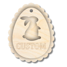 Load image into Gallery viewer, Unfinished Wood Custom Etched Bunny Easter Egg Gift Tag | 2 Piece | Layered Gift Tags | up to 6&quot; DIY
