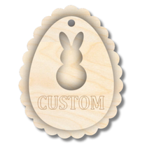 Load image into Gallery viewer, Unfinished Wood Custom Etched Marshmallow Bunny Easter Egg Gift Tag | 2 Piece | Layered Gift Tags | up to 6&quot; DIY
