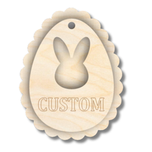 Load image into Gallery viewer, Unfinished Wood Custom Etched Bunny Head Easter Egg Gift Tag | 2 Piece | Layered Gift Tags | up to 6&quot; DIY
