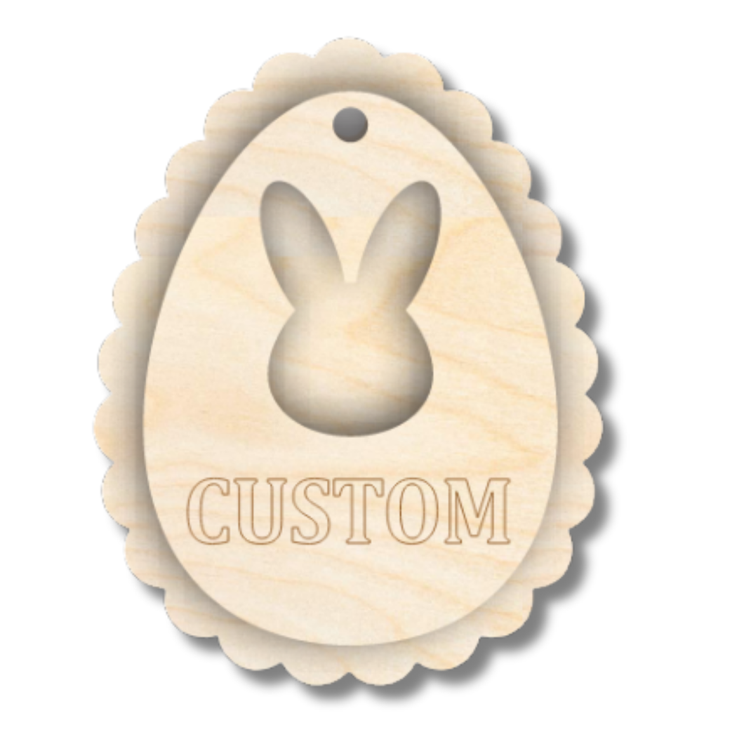 Unfinished Wood Custom Etched Bunny Head Easter Egg Gift Tag | 2 Piece | Layered Gift Tags | up to 6