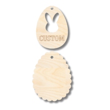 Load image into Gallery viewer, Unfinished Wood Custom Etched Bunny Head Easter Egg Gift Tag | 2 Piece | Layered Gift Tags | up to 6&quot; DIY
