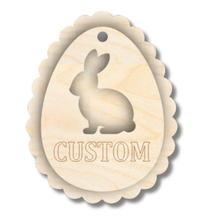 Load image into Gallery viewer, Unfinished Wood Custom Etched Rabbit Easter Egg Gift Tag | 2 Piece | Layered Gift Tags | up to 6&quot; DIY
