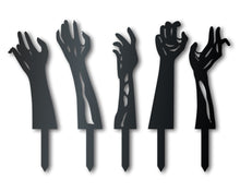 Load image into Gallery viewer, Metal Zombie Hands Garden Stakes | Set of 5 | Outdoor Halloween Decor | Up to 30&quot; | Over 20 Color Options
