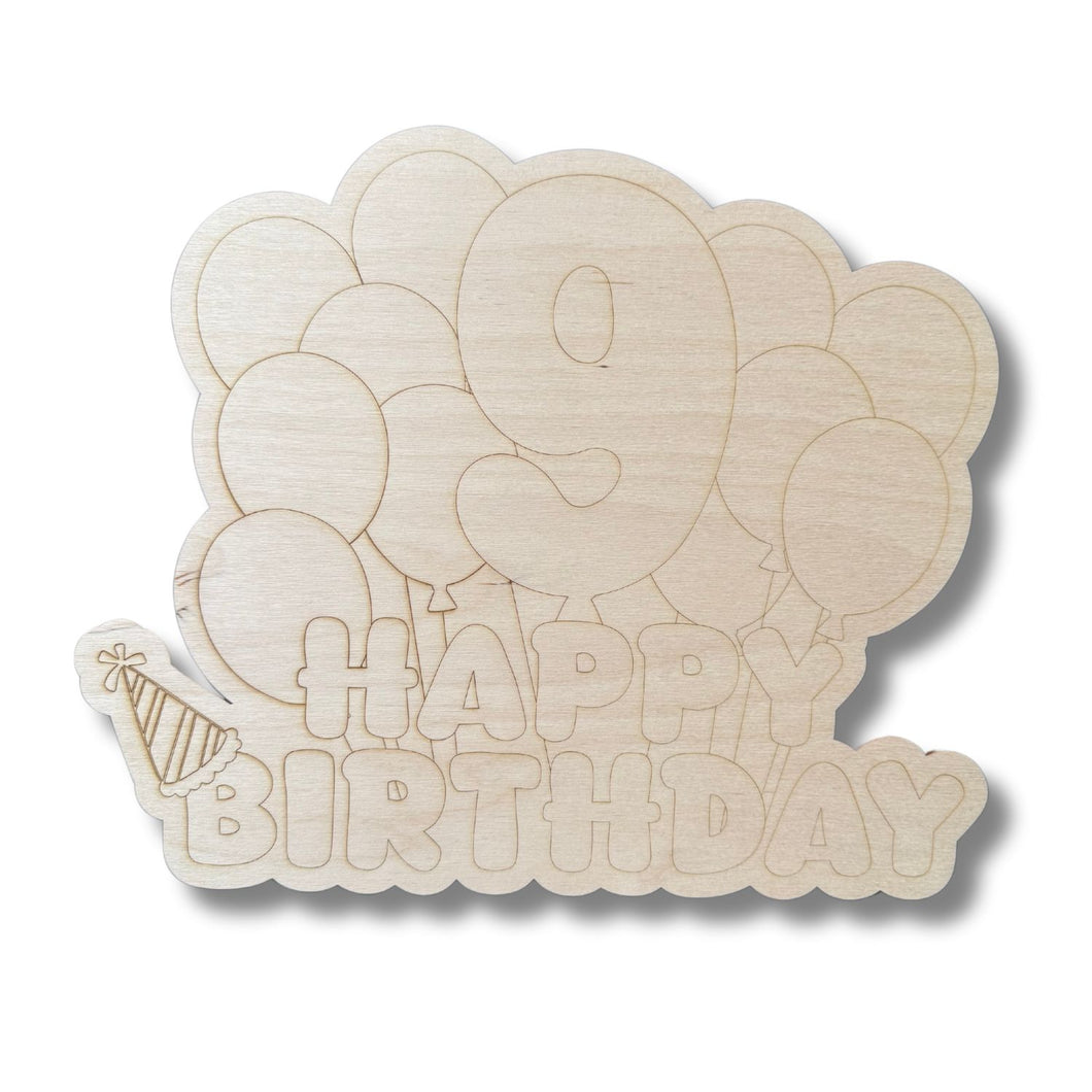 Unfinished Wood Etched 9th Birthday Balloons Shape | Paint By Line Crafts | up to 30