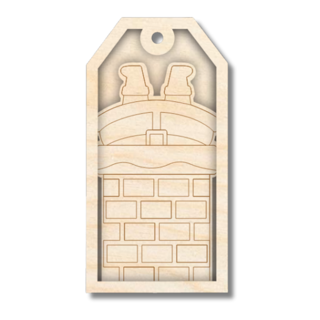 Unfinished Wood Etched Santa going down Chimney Gift Tag | 3 Piece | Layered Gift Tags | up to 6