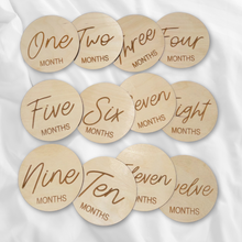 Load image into Gallery viewer, Baby Monthly Milestone Discs 12pc. | Engraved Wood Cutouts | One - Twelve | 1/4&quot; Thick |
