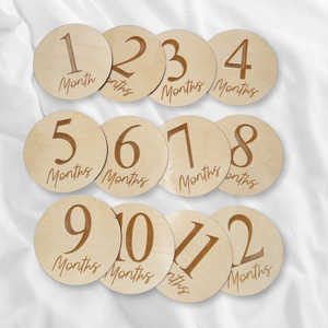 Baby Monthly Milestone Discs 12pc. | Engraved Wood Cutouts | 1 - 12 | 1/4" Thick |