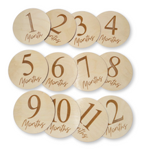 Load image into Gallery viewer, Baby Monthly Milestone Discs 12pc. | Engraved Wood Cutouts | 1 - 12 | 1/4&quot; Thick |
