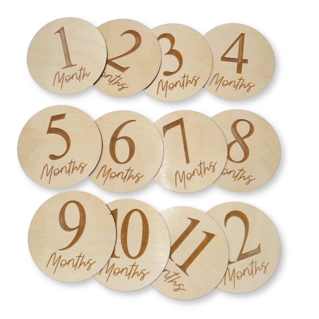 Baby Monthly Milestone Discs 12pc. | Engraved Wood Cutouts | 1 - 12 | 1/4