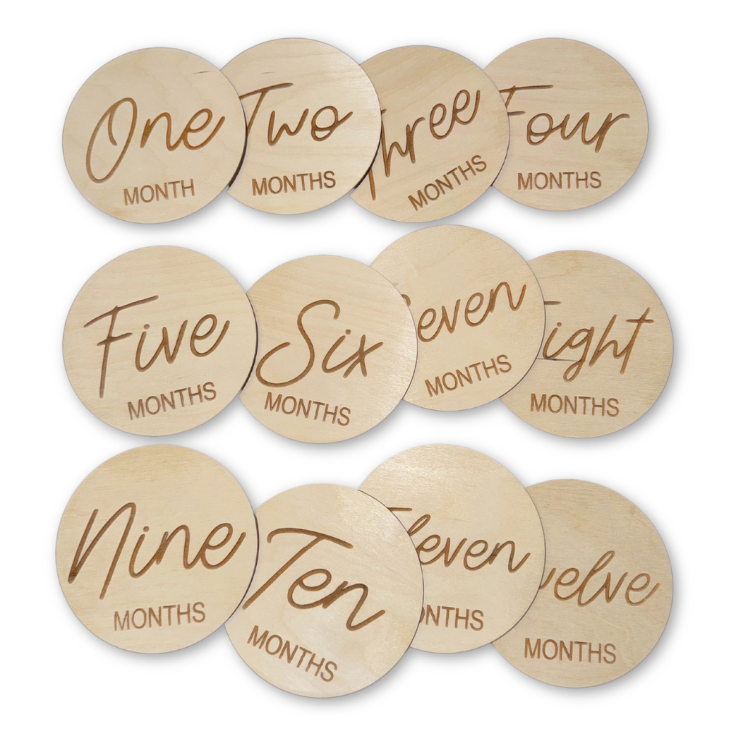 Baby Monthly Milestone Discs 12pc. | Engraved Wood Cutouts | One - Twelve | 1/4
