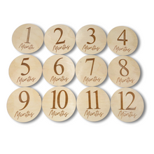Load image into Gallery viewer, Baby Monthly Milestone Discs 12pc. | Engraved Wood Cutouts | 1 - 12 | 1/4&quot; Thick |
