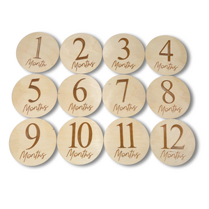 Baby Monthly Milestone Discs 12pc. | Engraved Wood Cutouts | 1 - 12 | 1/4" Thick |