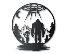 Load image into Gallery viewer, Bigfoot and Alien Metal Wall Art | Indoor Outdoor | Up to 46&quot; | Over 20 Color Options
