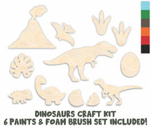Load image into Gallery viewer, Unfinished Wood Kids Craft Dinosaur Bundle | Wood Craft Cutouts | 1/8&quot; Thick | Paint &amp; Brushes
