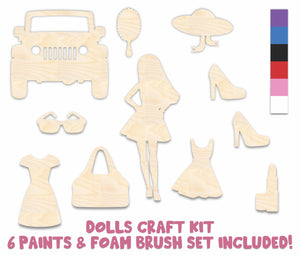 Unfinished Wood Kids Craft Doll Bundle | Wood Craft Cutouts | 1/8" Thick | Paint & Brushes