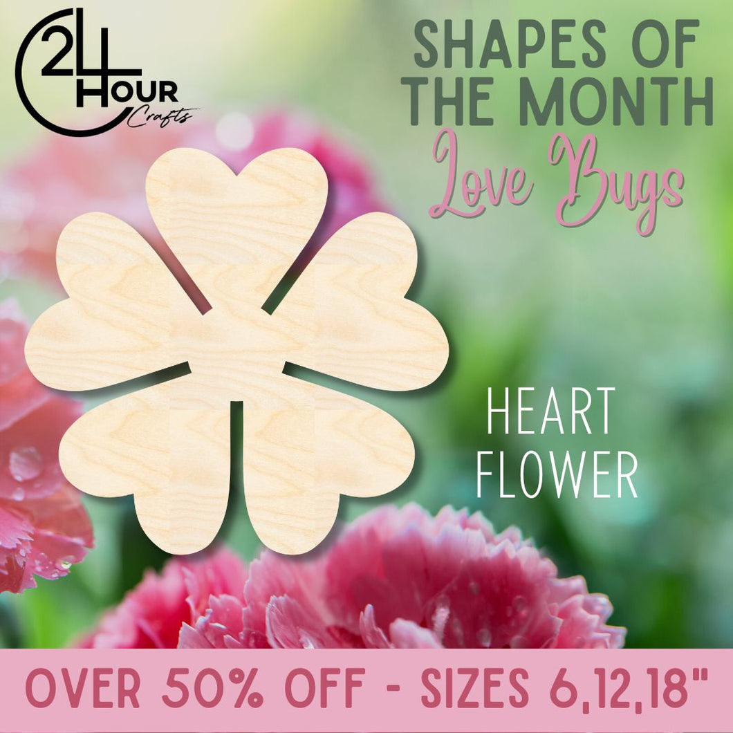 February Shape of the Month | Heart Flower Wood Cutout | Love Bugs | Unfinished Craft