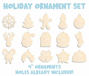 Unfinished Wood Stocking Stuffer DIY Ornament Craft Bundle | Christmas Wood Craft Cutouts | 1/8" Thick | Hanging Ready Cutouts with Holes!