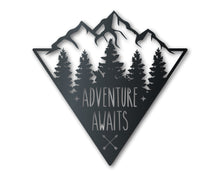 Load image into Gallery viewer, Adventure Mountains Metal Sign | Mountain Forest Wall Art | Indoor Outdoor | Up to 46&quot; | Over 20 Color Options
